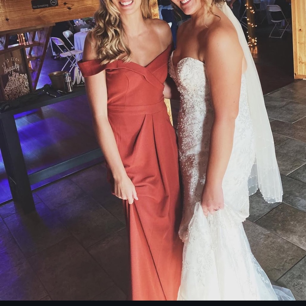 David's Bridal Off the Shoulder Bridesmaid Dress